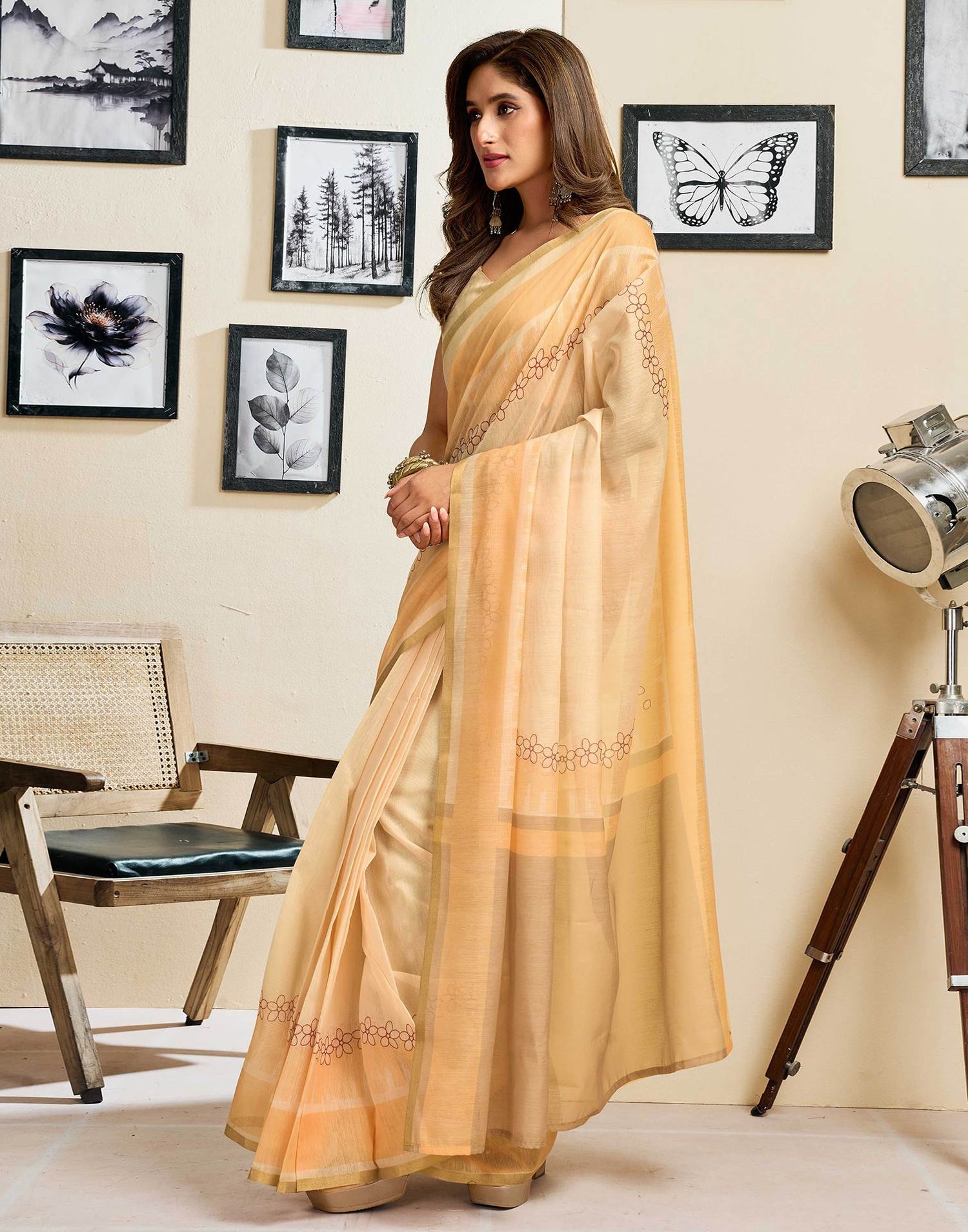 Ready To Wear Beige Linen Printed Saree