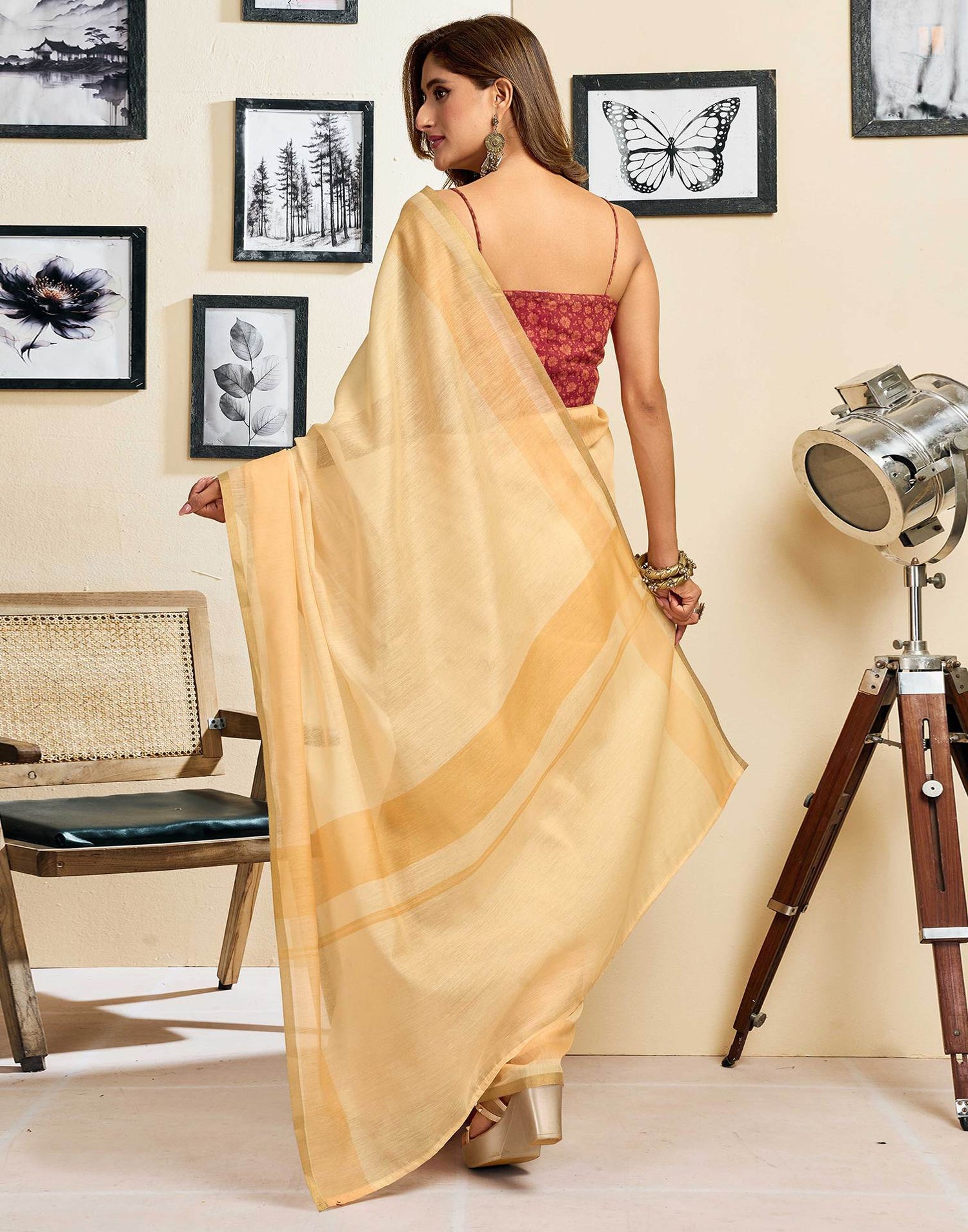Ready To Wear Beige Linen Printed Saree