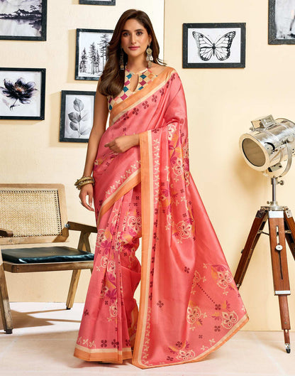 Ready To Wear Coral Pink Silk Printed Saree