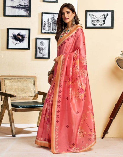 Ready To Wear Coral Pink Silk Printed Saree