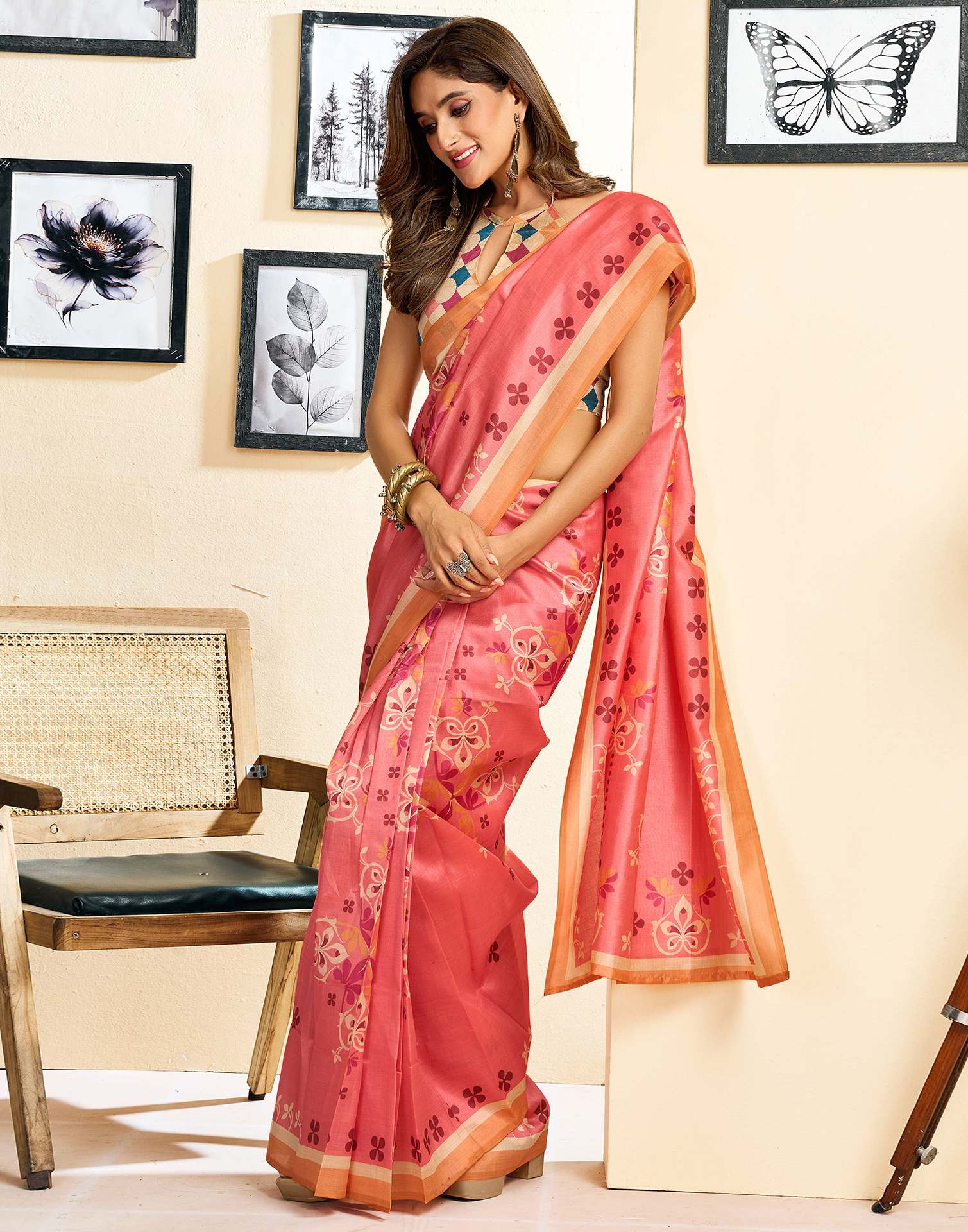 Ready To Wear Coral Pink Silk Printed Saree
