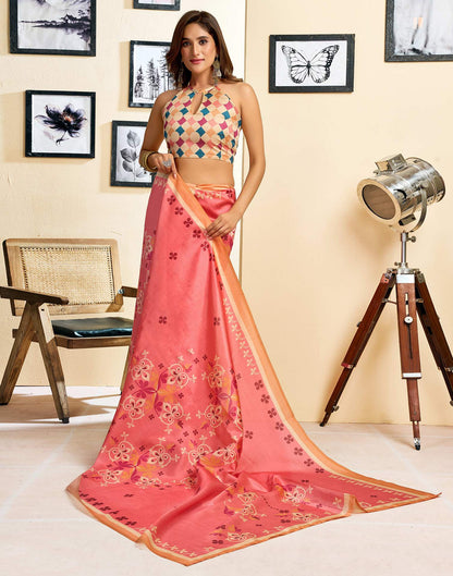 Ready To Wear Coral Pink Silk Printed Saree