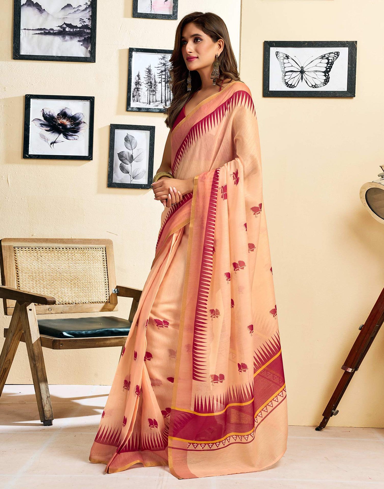 Ready To Wear Peach Linen Printed Saree