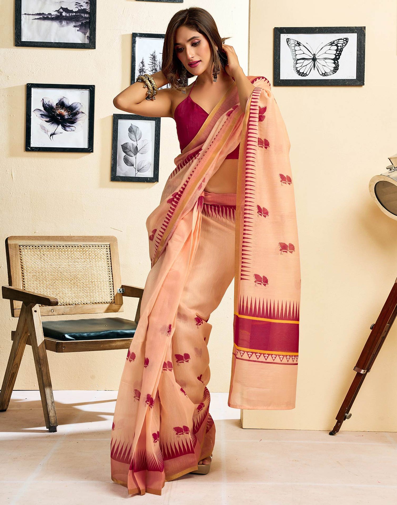 Ready To Wear Peach Linen Printed Saree