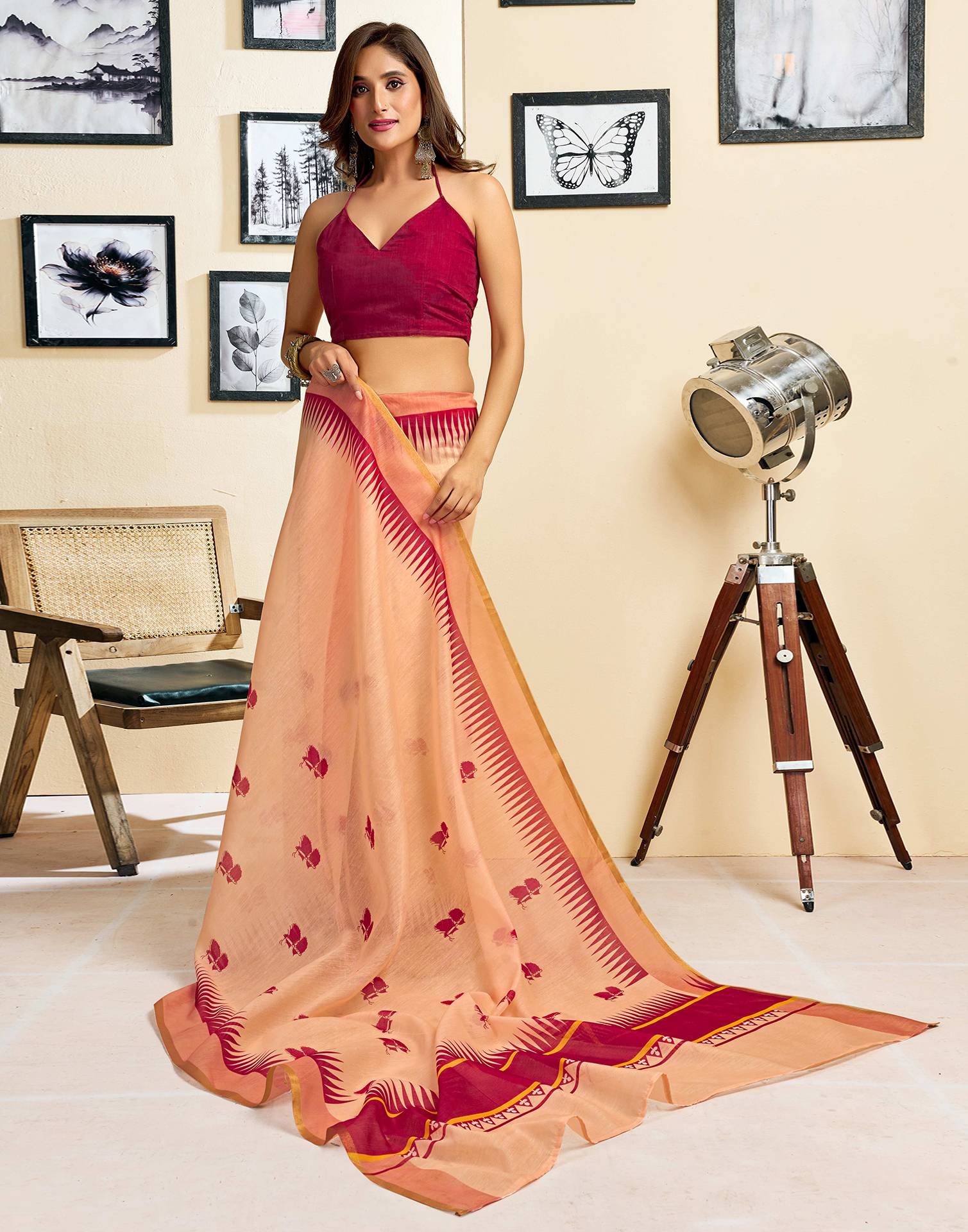 Ready To Wear Peach Linen Printed Saree