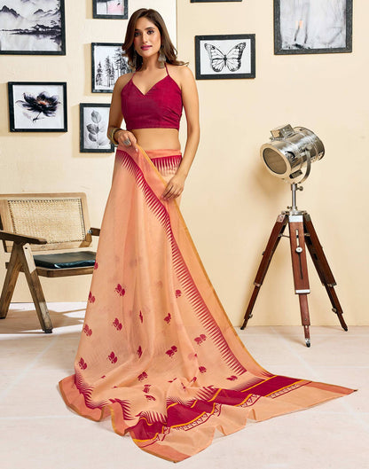 Ready To Wear Peach Linen Printed Saree