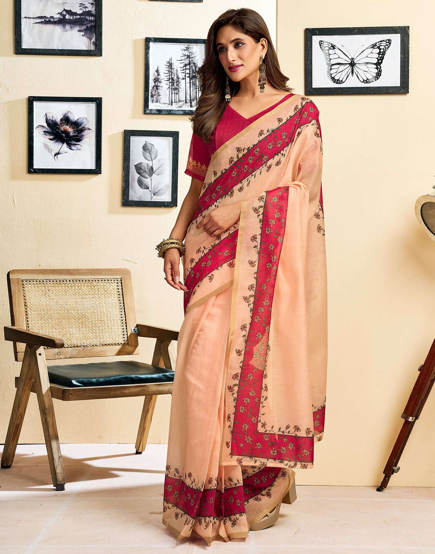 Ready To Wear Peach Linen Printed Saree