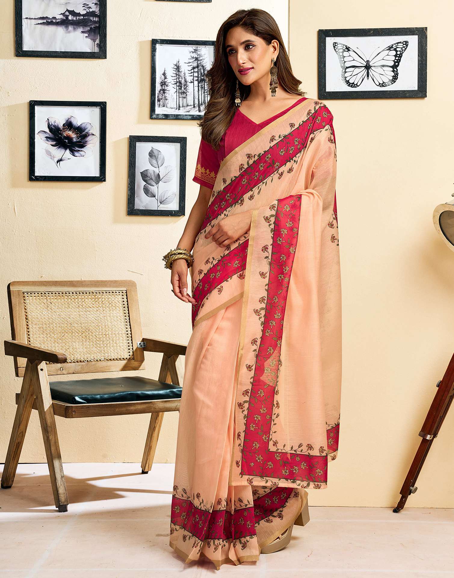 Ready To Wear Peach Linen Printed Saree