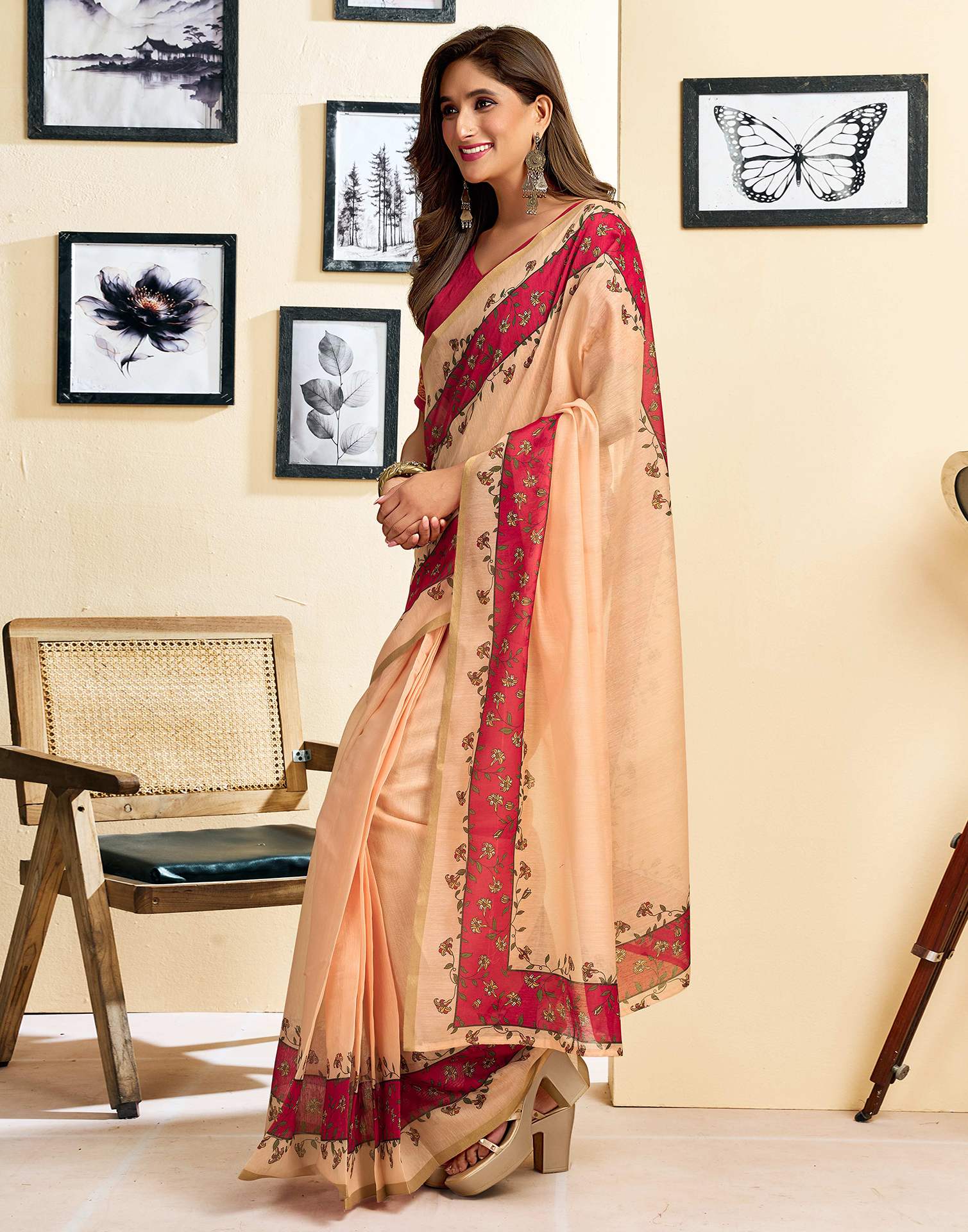 Ready To Wear Peach Linen Printed Saree