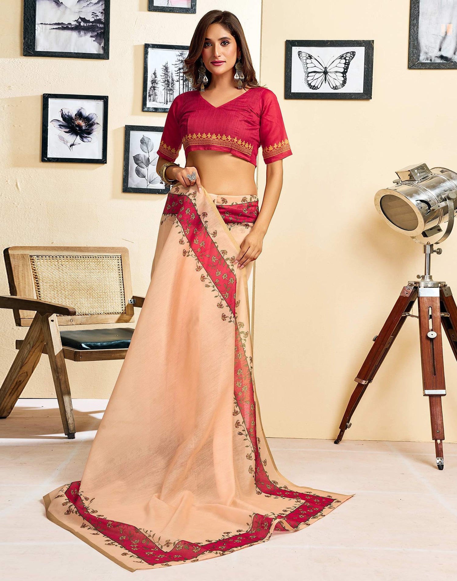 Ready To Wear Peach Linen Printed Saree