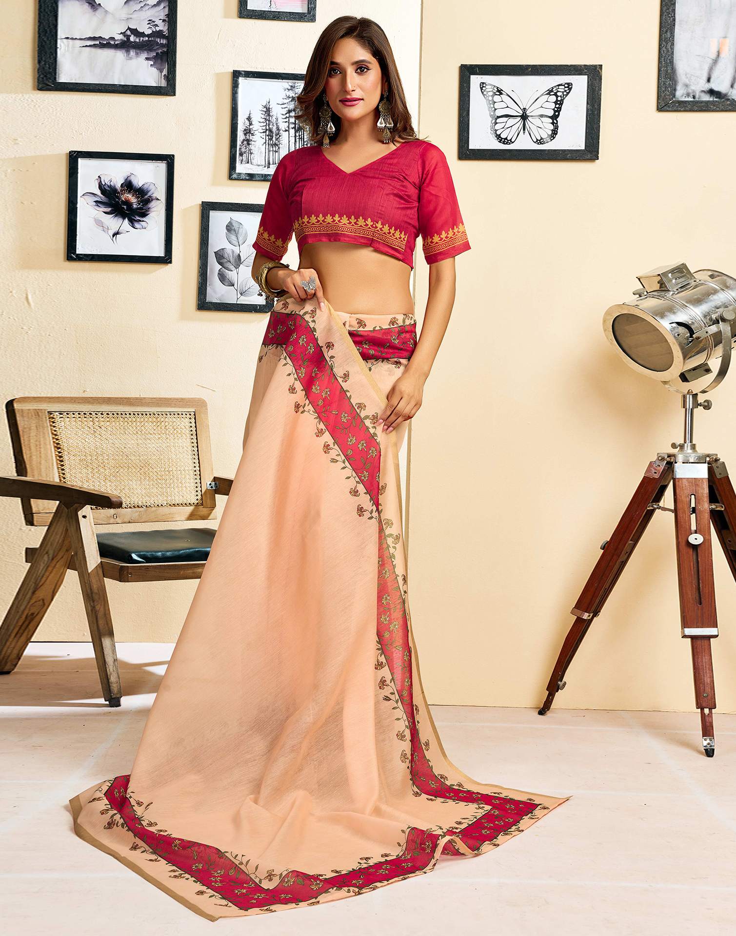 Ready To Wear Peach Linen Printed Saree