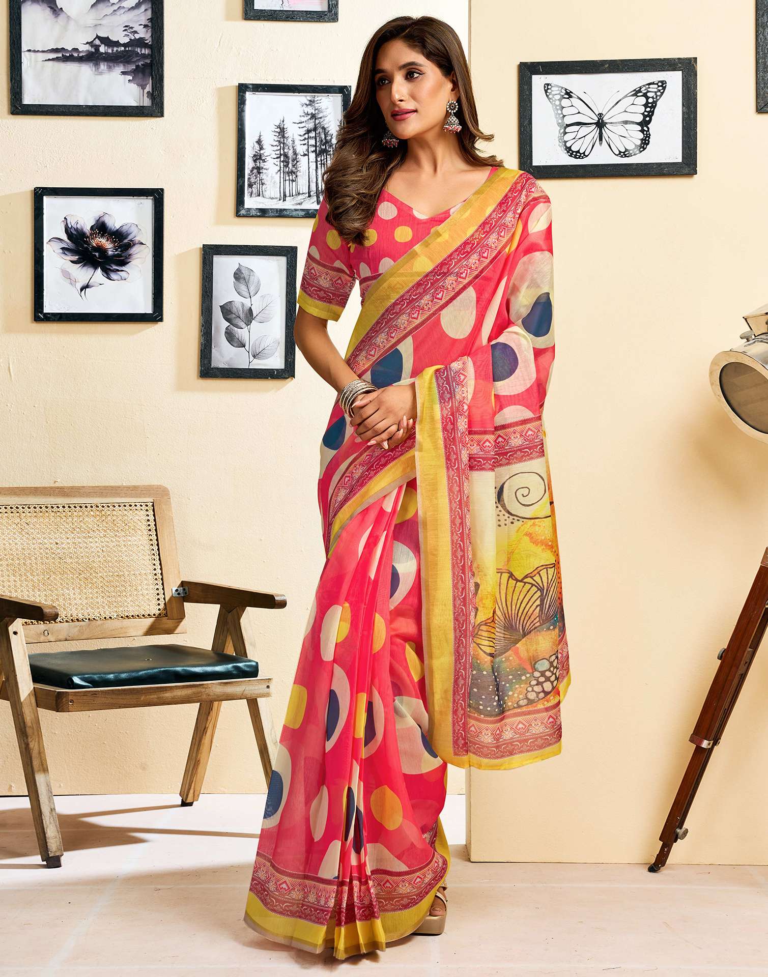 Ready To Wear Pink Linen Printed Saree