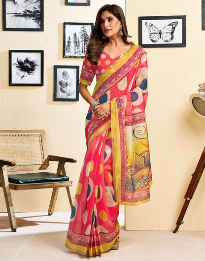 Ready To Wear Pink Linen Printed Saree