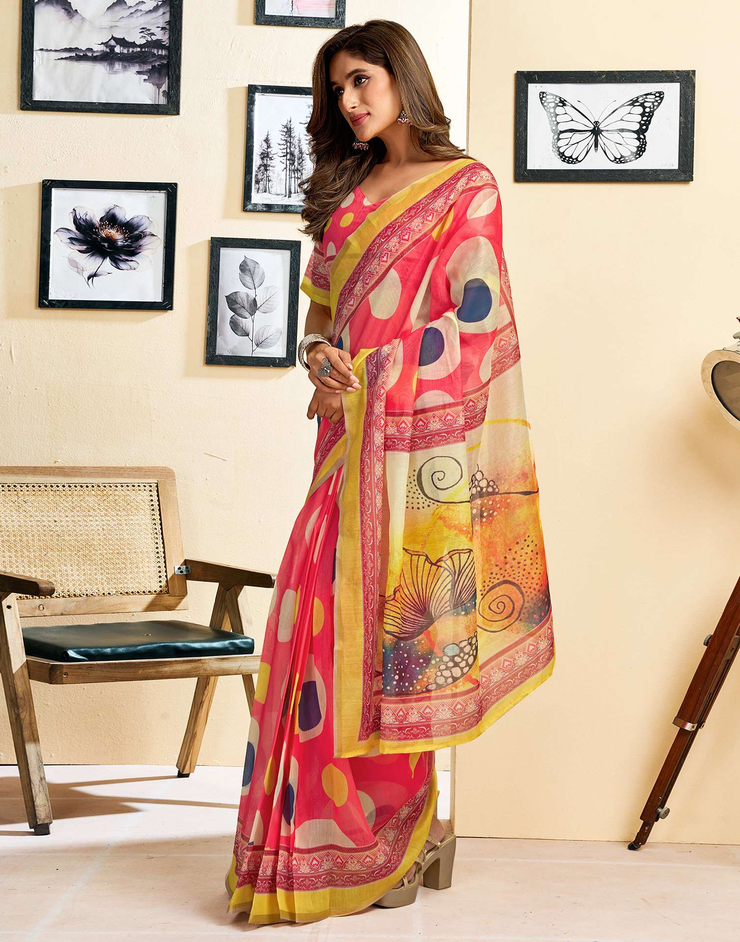 Ready To Wear Pink Linen Printed Saree