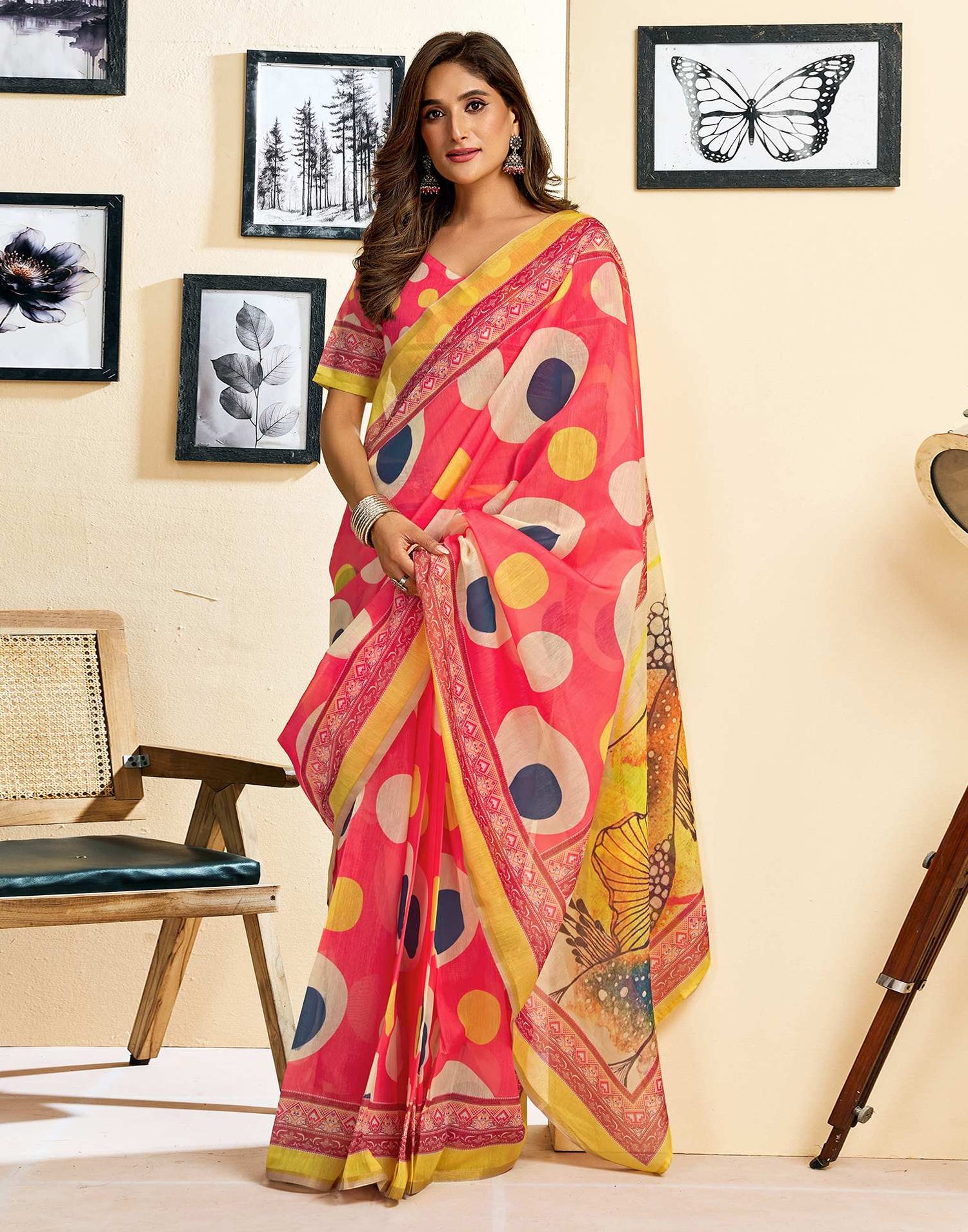 Ready To Wear Pink Linen Printed Saree