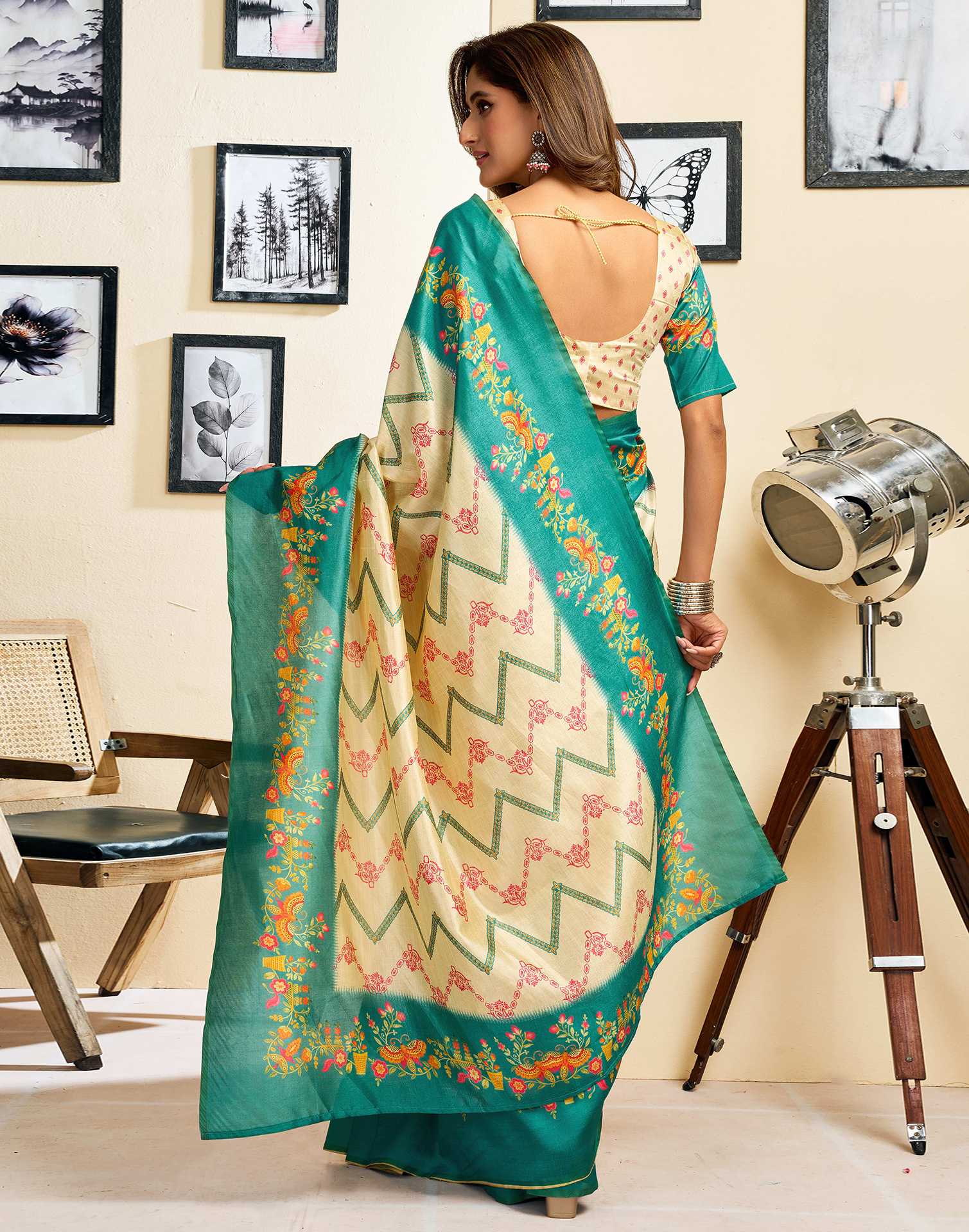 Ready To Wear Beige Silk Printed Saree