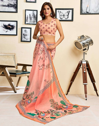 Ready To Wear Dark Peach Linen Printed Saree
