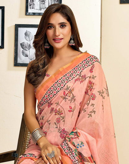 Ready To Wear Dark Peach Linen Printed Saree