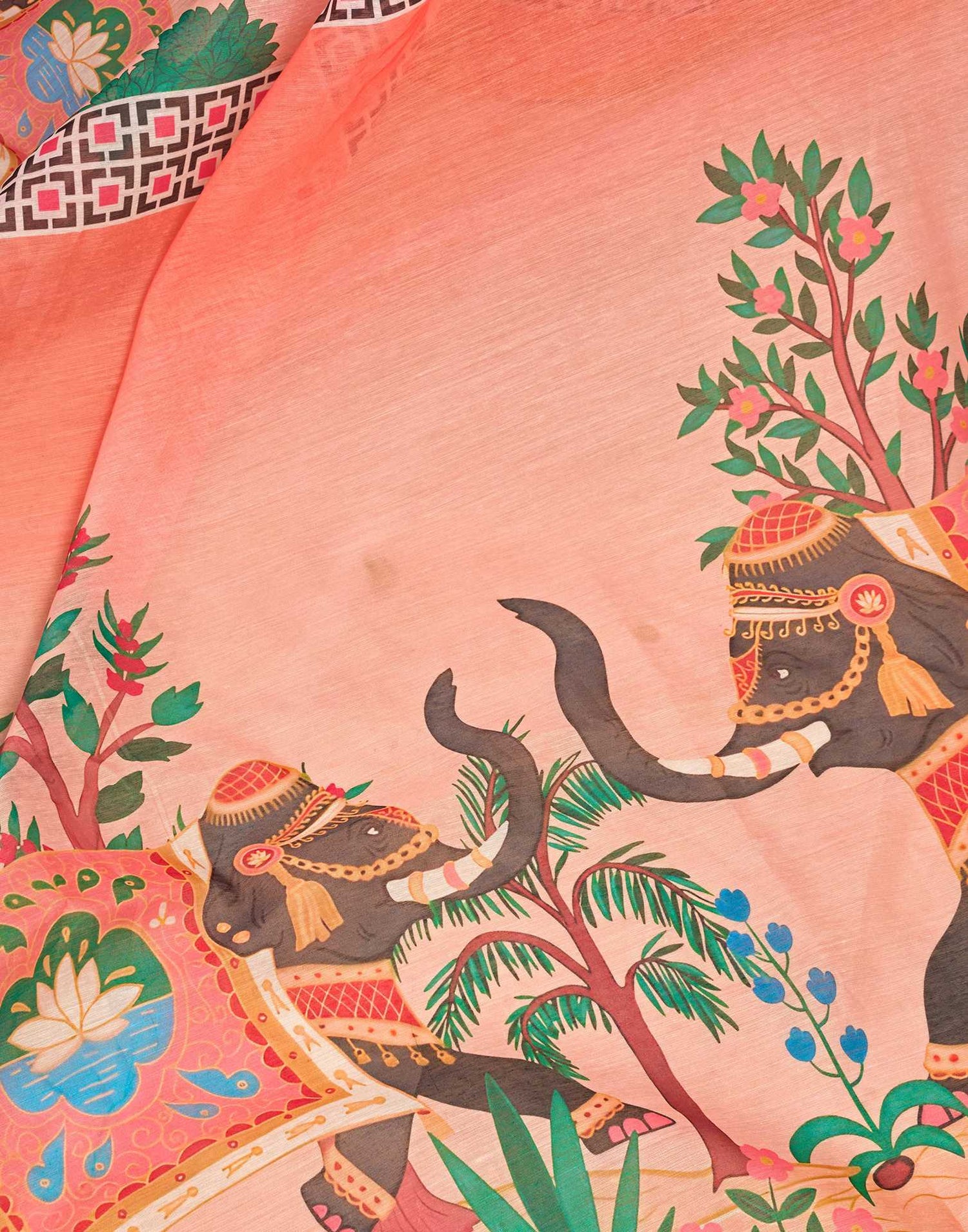 Ready To Wear Dark Peach Linen Printed Saree