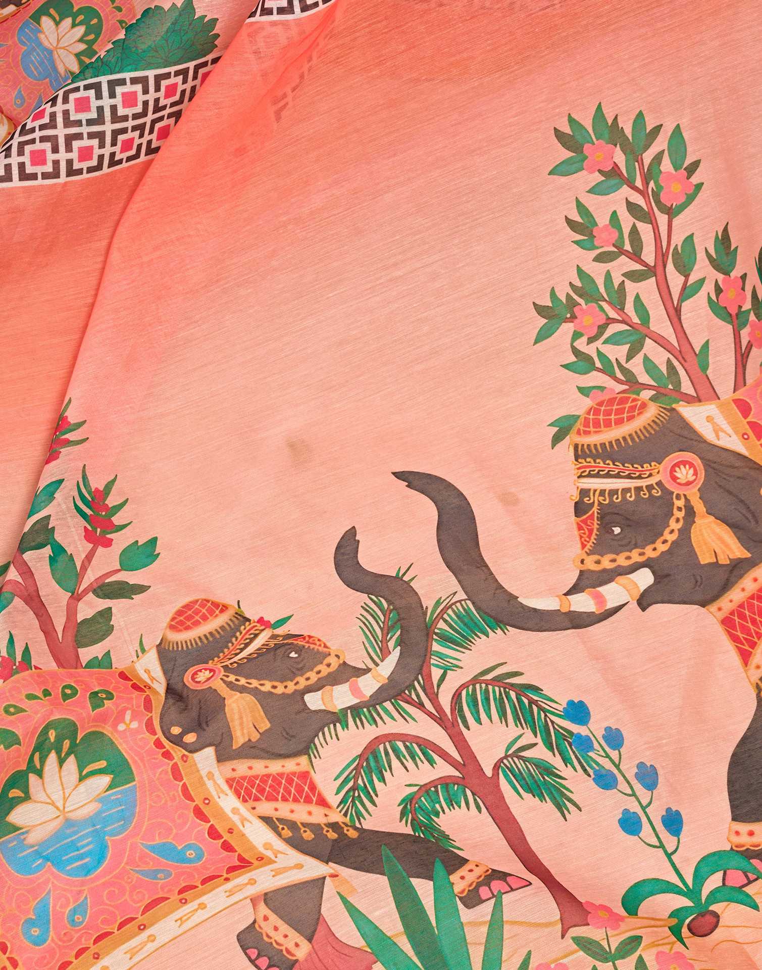 Ready To Wear Dark Peach Linen Printed Saree