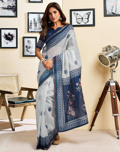 Ready To Wear White Linen Printed Saree