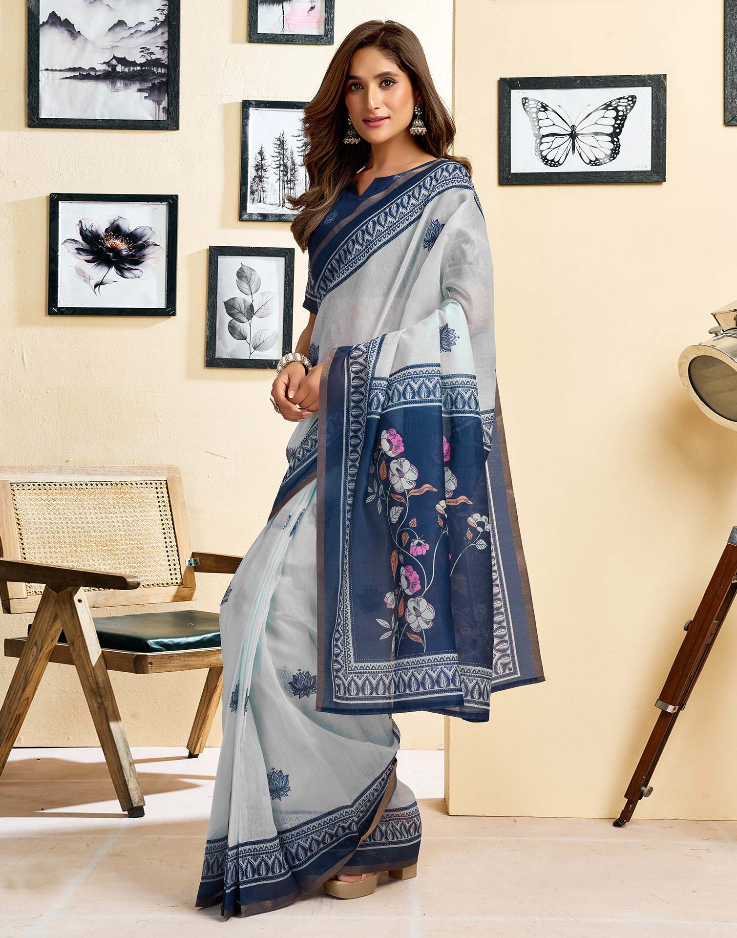 Ready To Wear White Linen Printed Saree