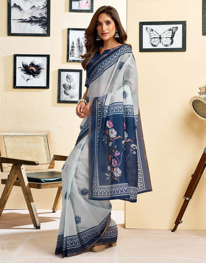 Ready To Wear White Linen Printed Saree
