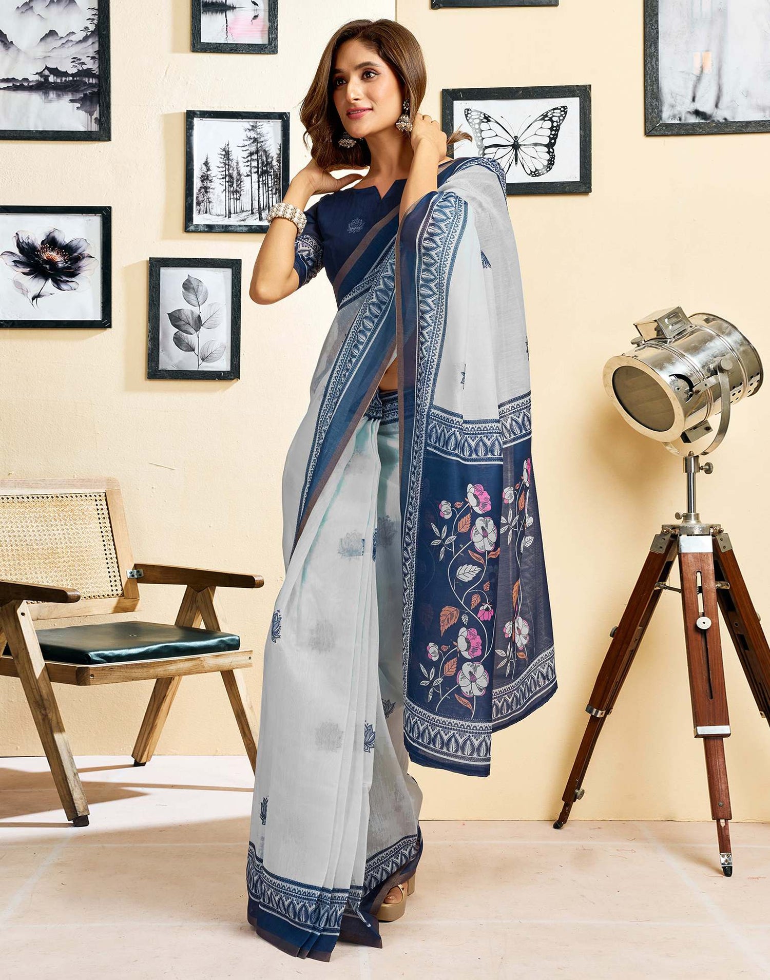 Ready To Wear White Linen Printed Saree