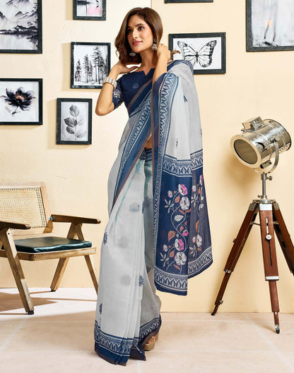 Ready To Wear White Linen Printed Saree
