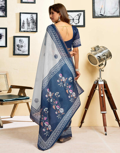 Ready To Wear White Linen Printed Saree