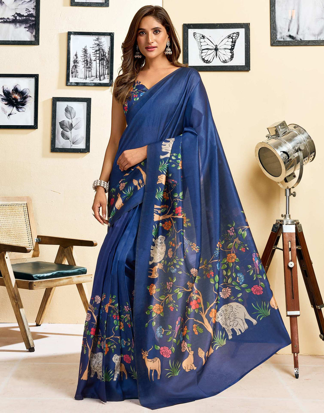 Ready To Wear Navy Blue Silk Printed Saree