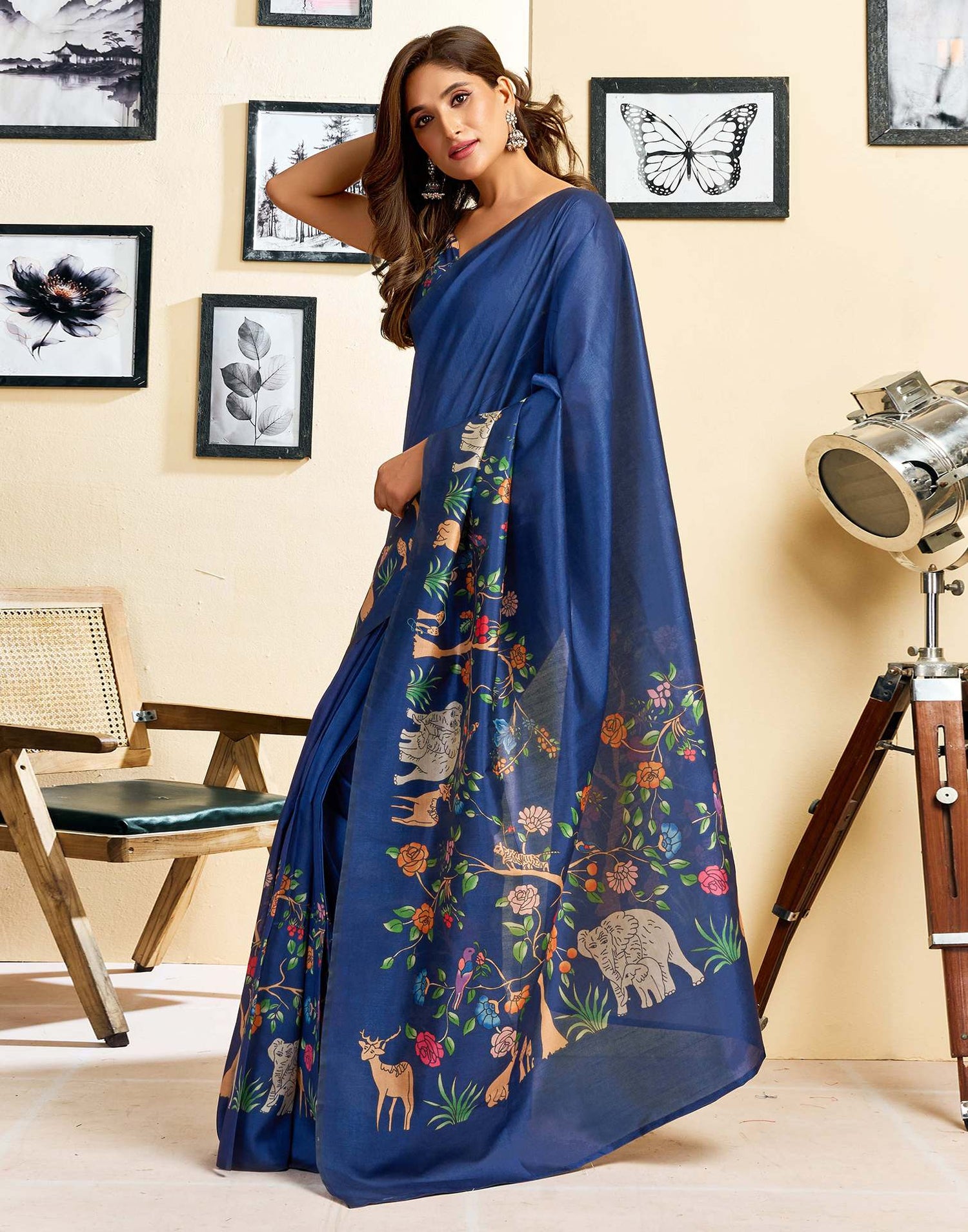 Ready To Wear Navy Blue Silk Printed Saree