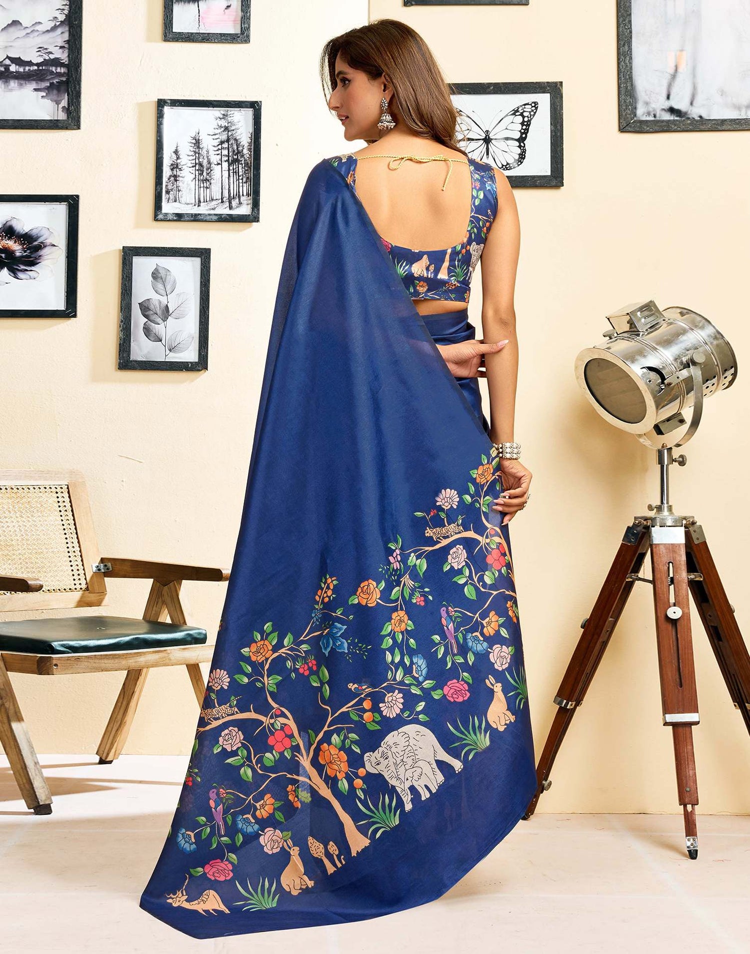 Ready To Wear Navy Blue Silk Printed Saree