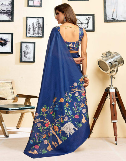 Ready To Wear Navy Blue Silk Printed Saree