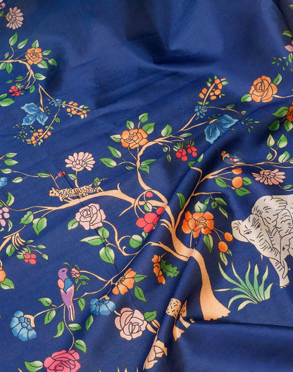 Ready To Wear Navy Blue Silk Printed Saree