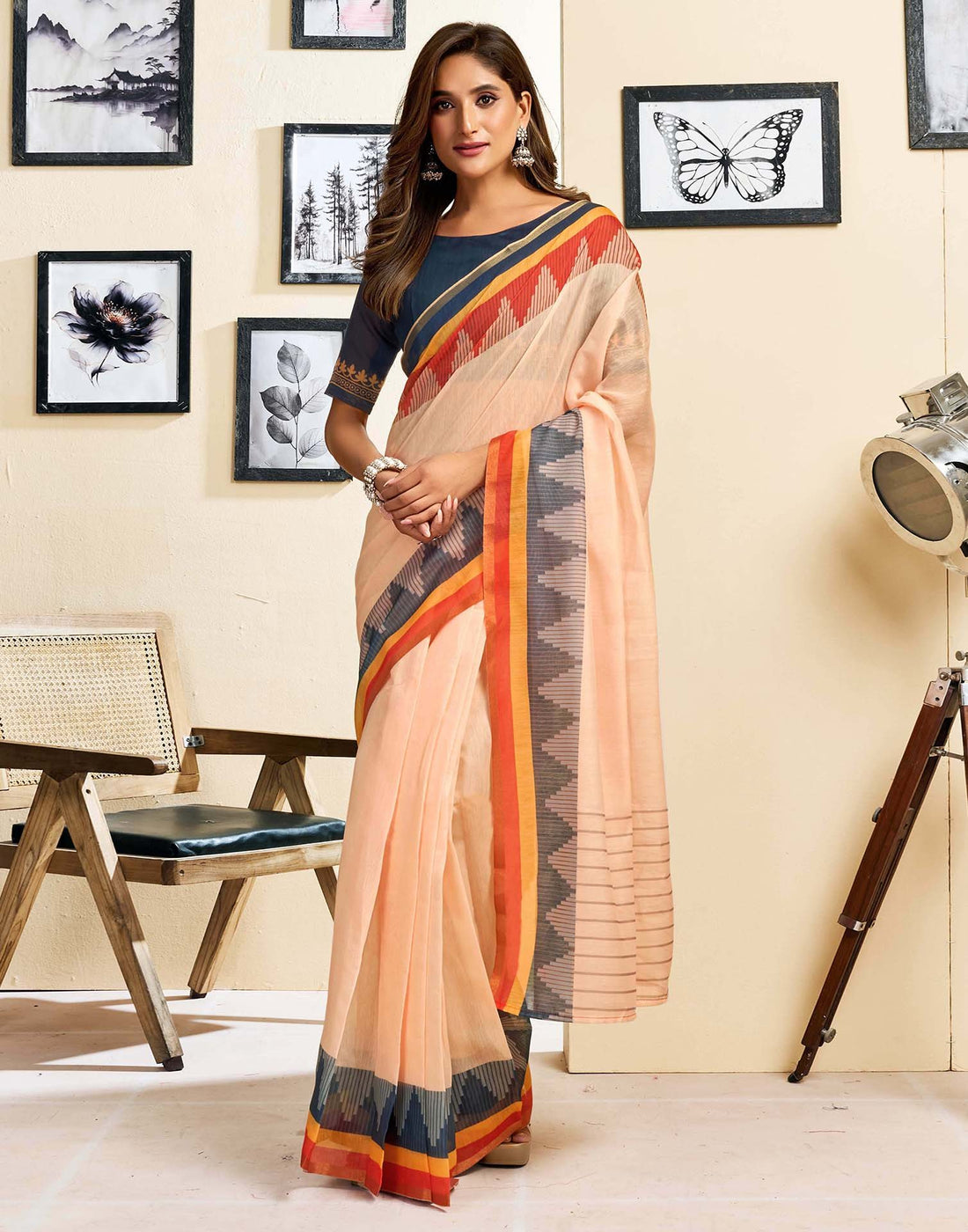 Ready To Wear Peach Linen Printed Saree