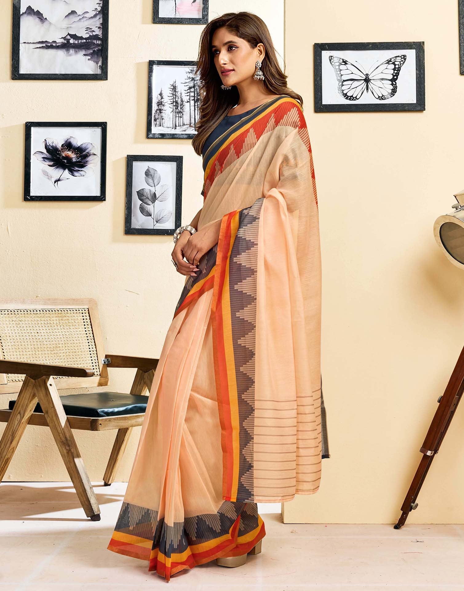 Ready To Wear Peach Linen Printed Saree