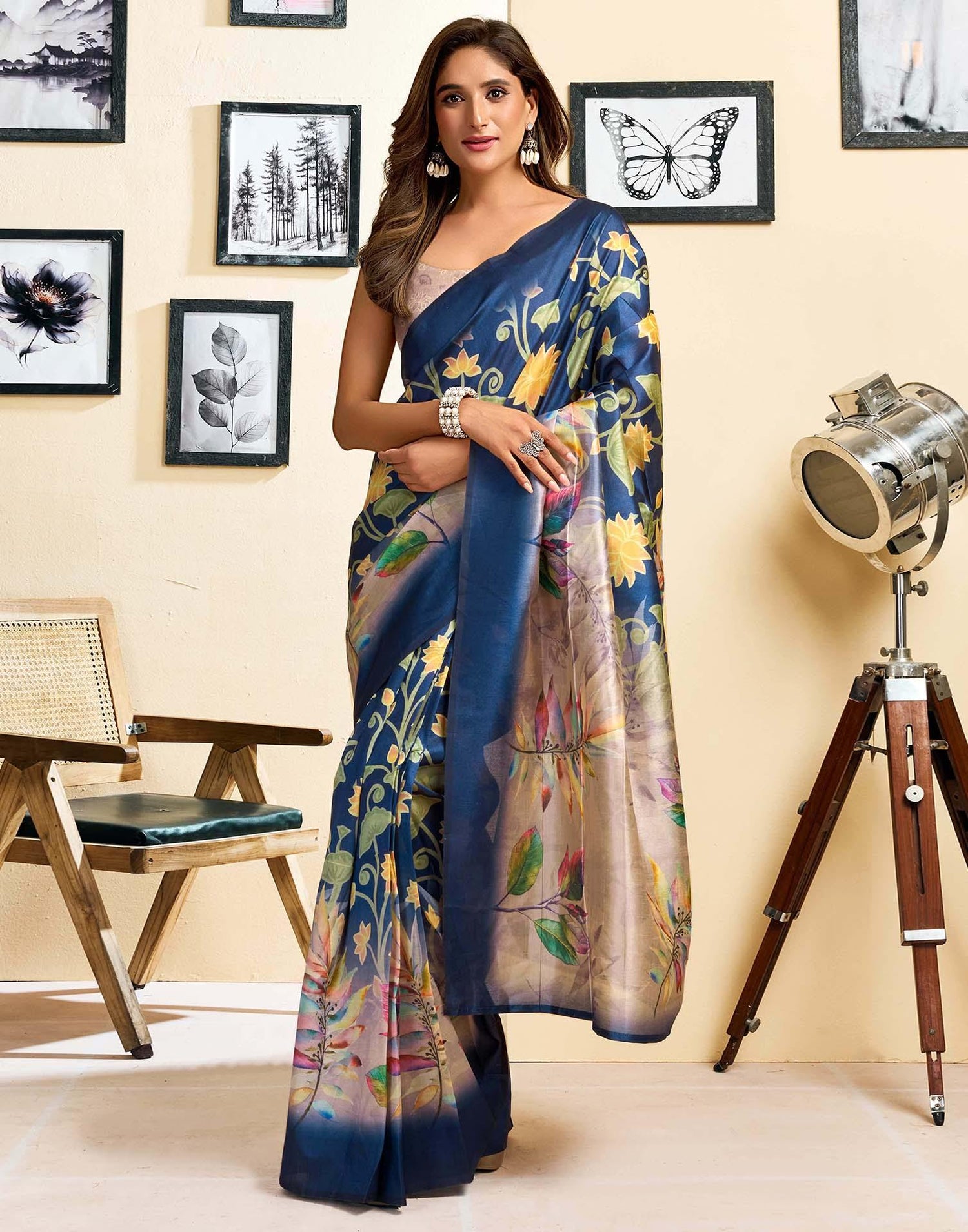 Ready To Wear Navy Blue Silk Floral Printed Saree