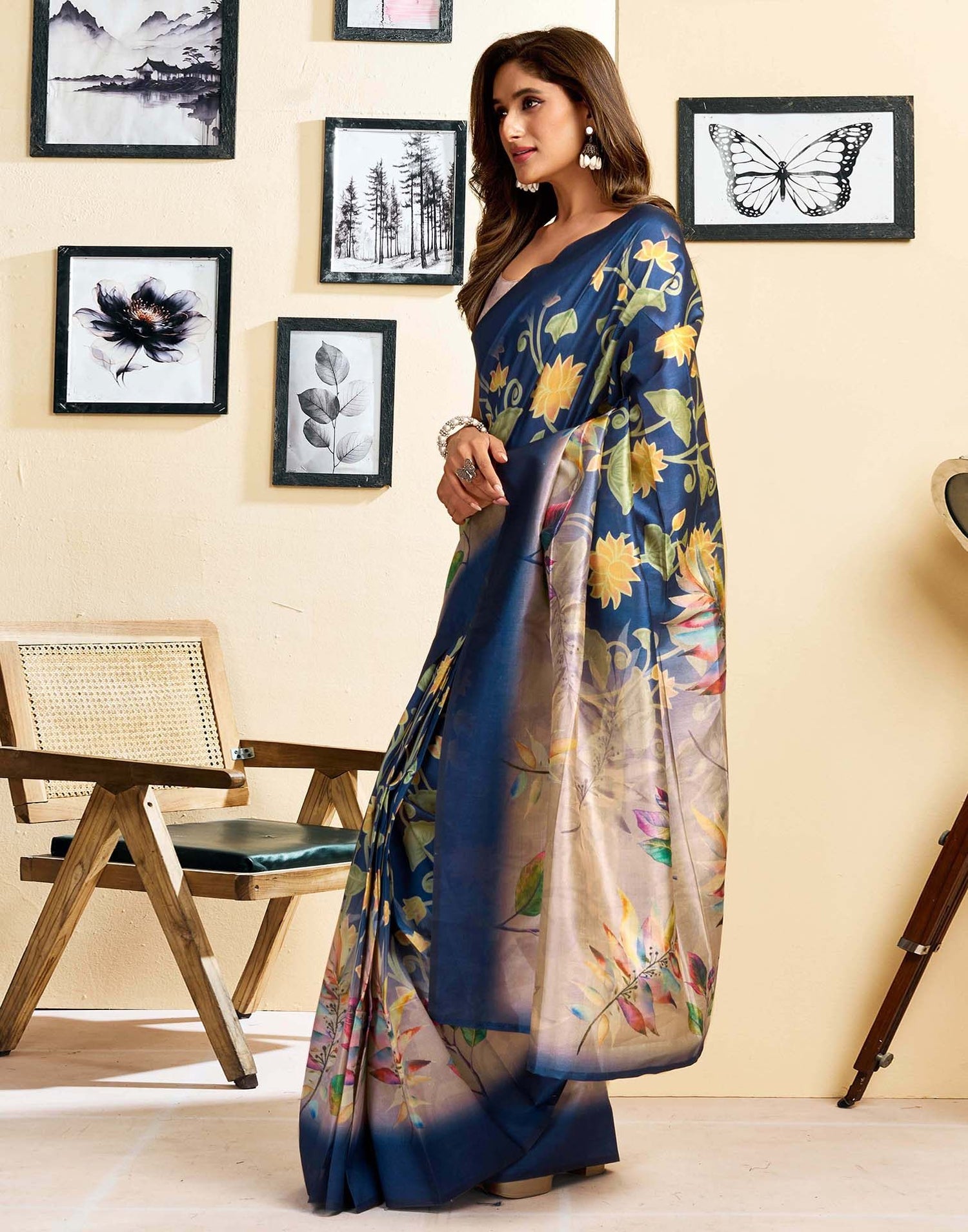 Ready To Wear Navy Blue Silk Floral Printed Saree