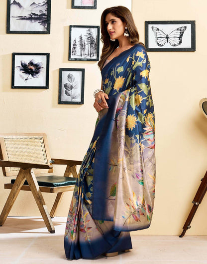 Ready To Wear Navy Blue Silk Floral Printed Saree