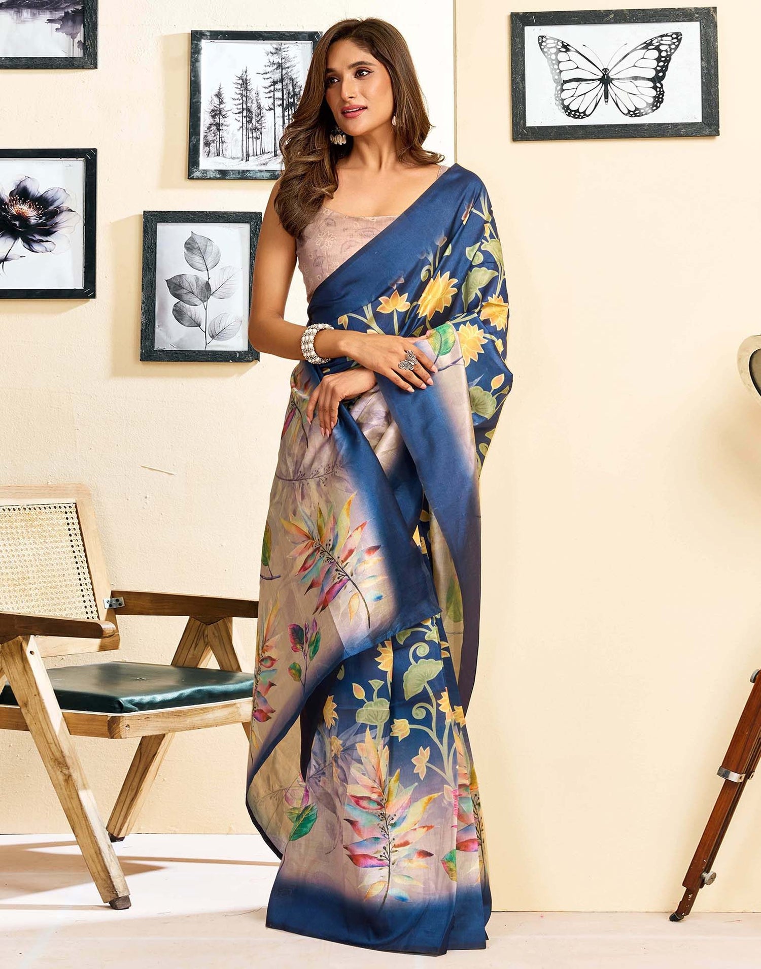 Ready To Wear Navy Blue Silk Floral Printed Saree