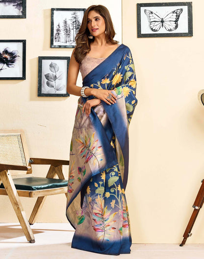 Ready To Wear Navy Blue Silk Floral Printed Saree