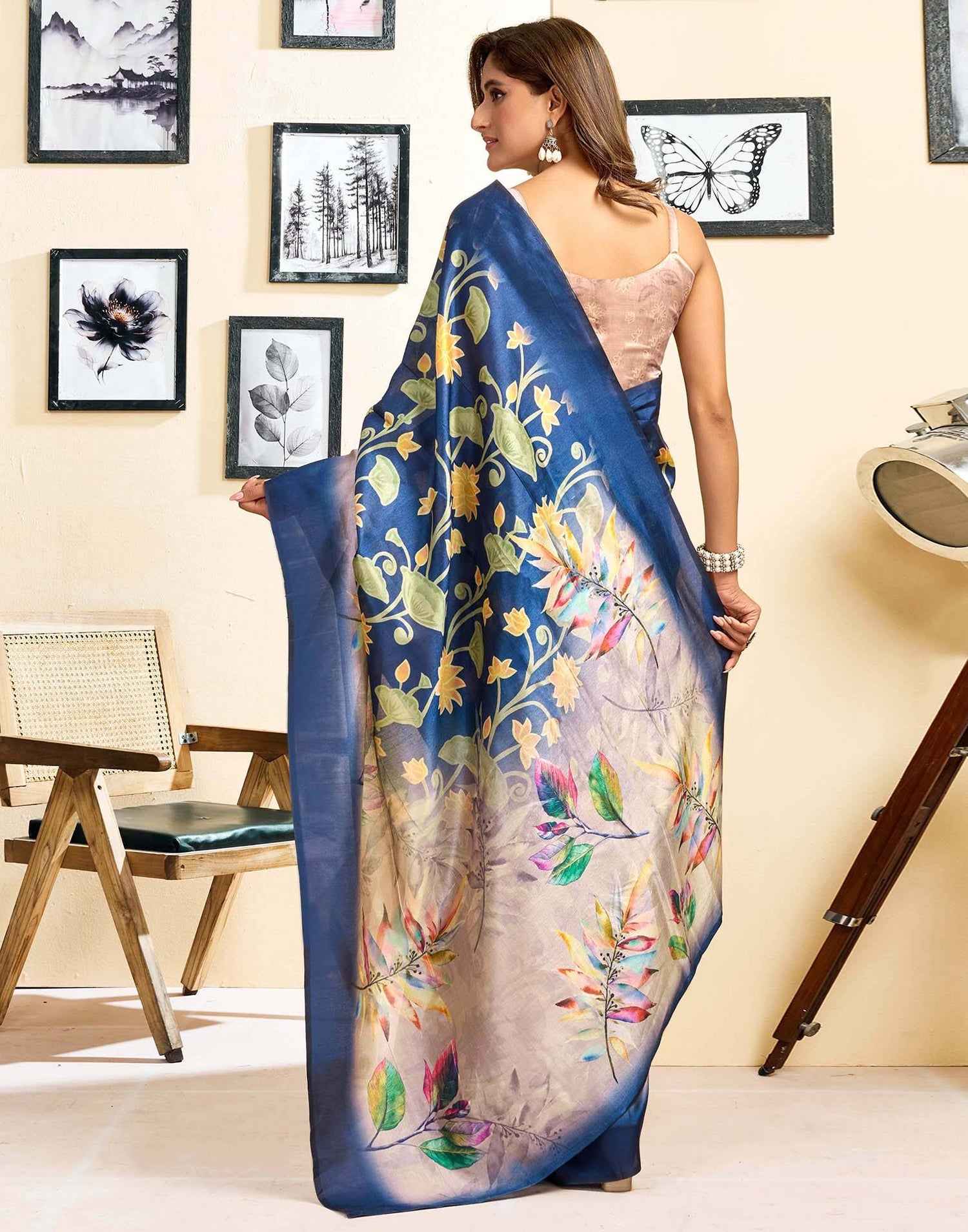 Ready To Wear Navy Blue Silk Floral Printed Saree