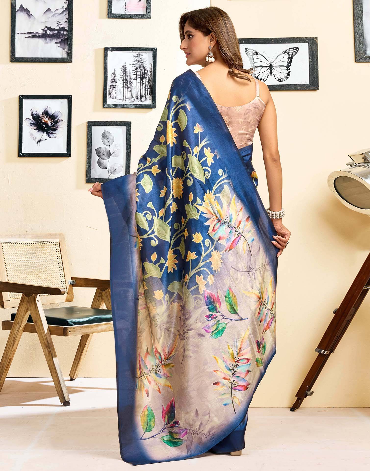Ready To Wear Navy Blue Silk Floral Printed Saree