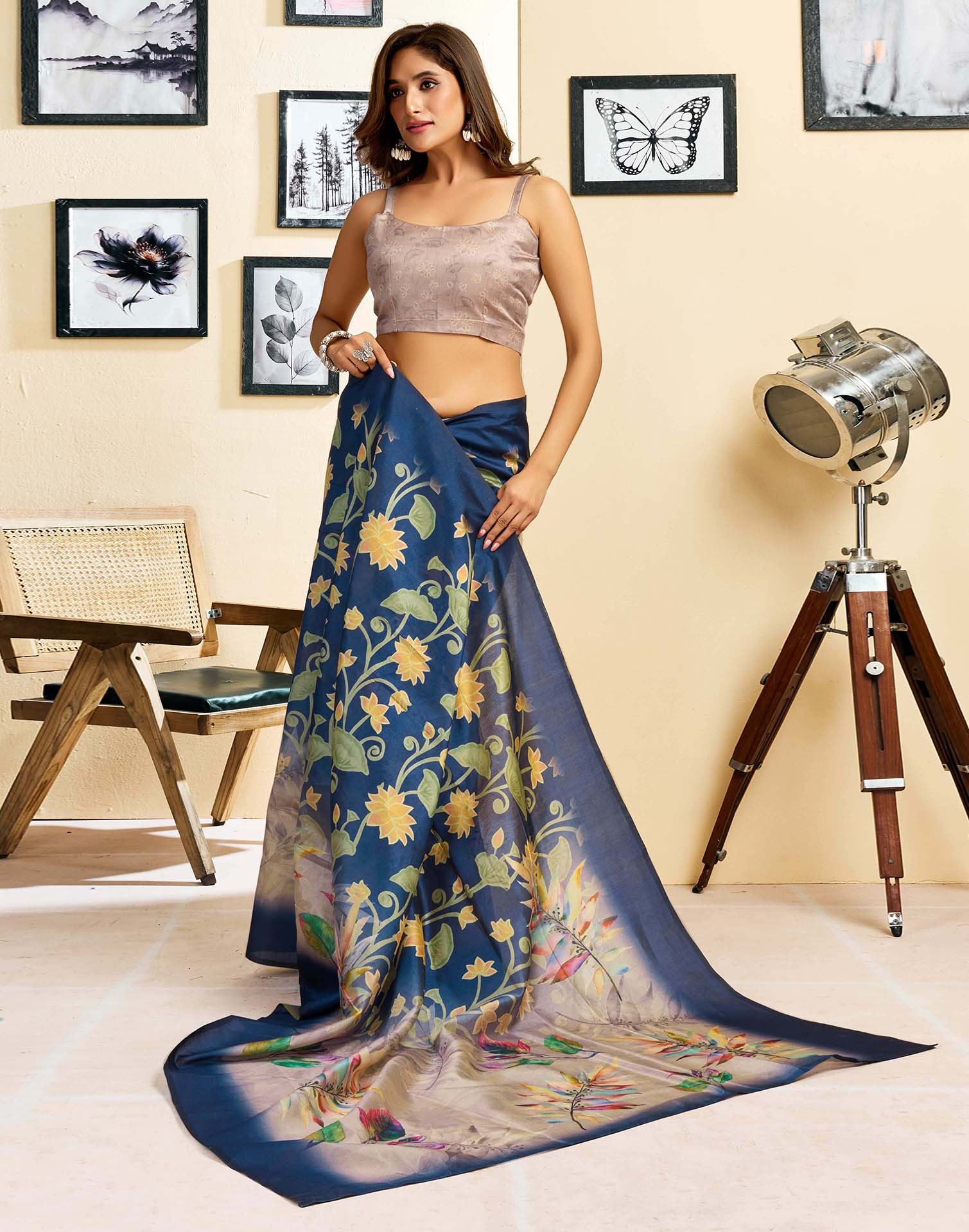 Ready To Wear Navy Blue Silk Floral Printed Saree