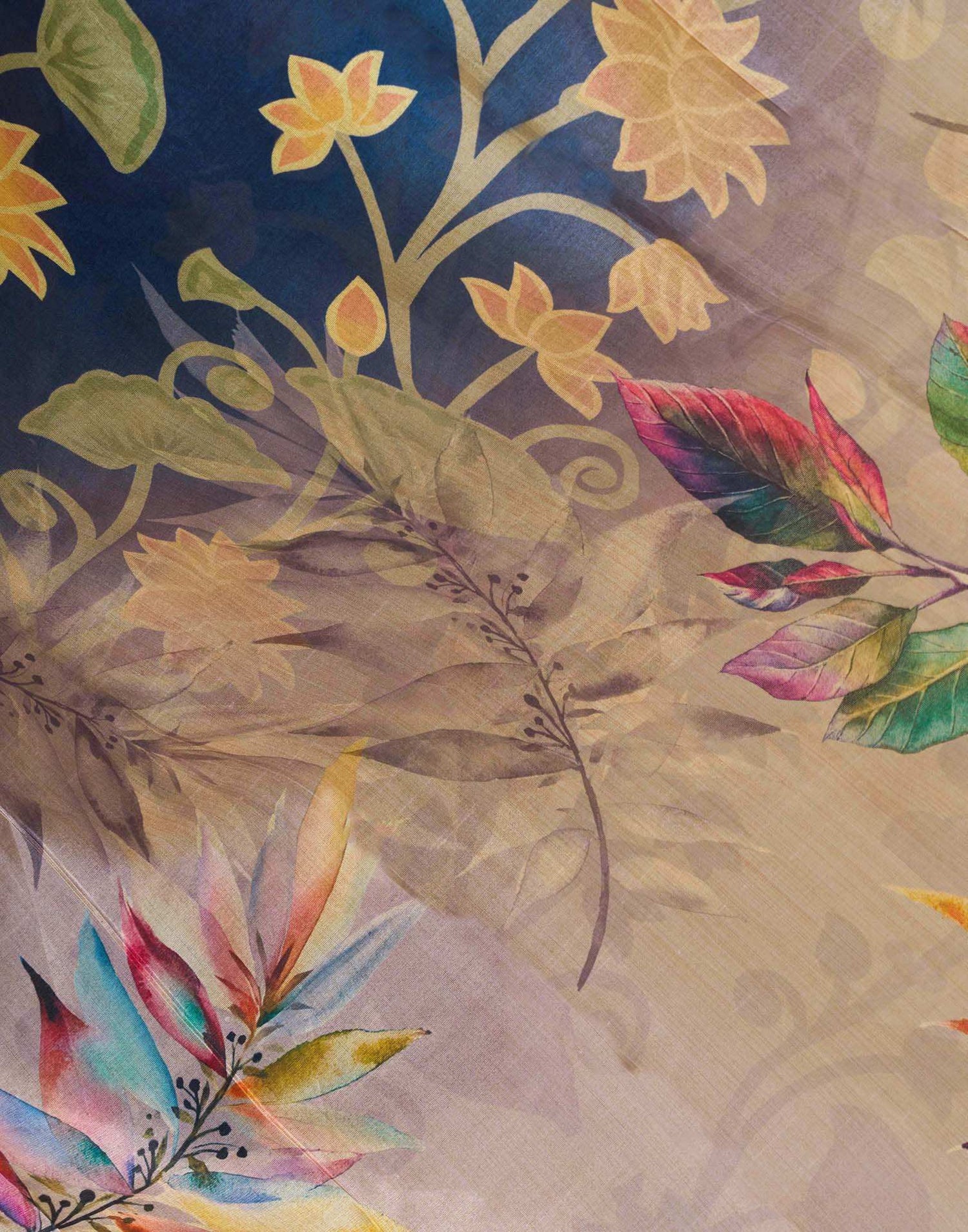 Ready To Wear Navy Blue Silk Floral Printed Saree