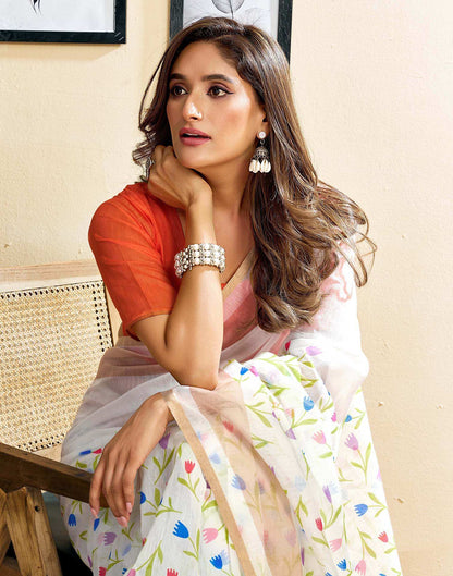 Ready To Wear Off White Linen Floral Printed Saree