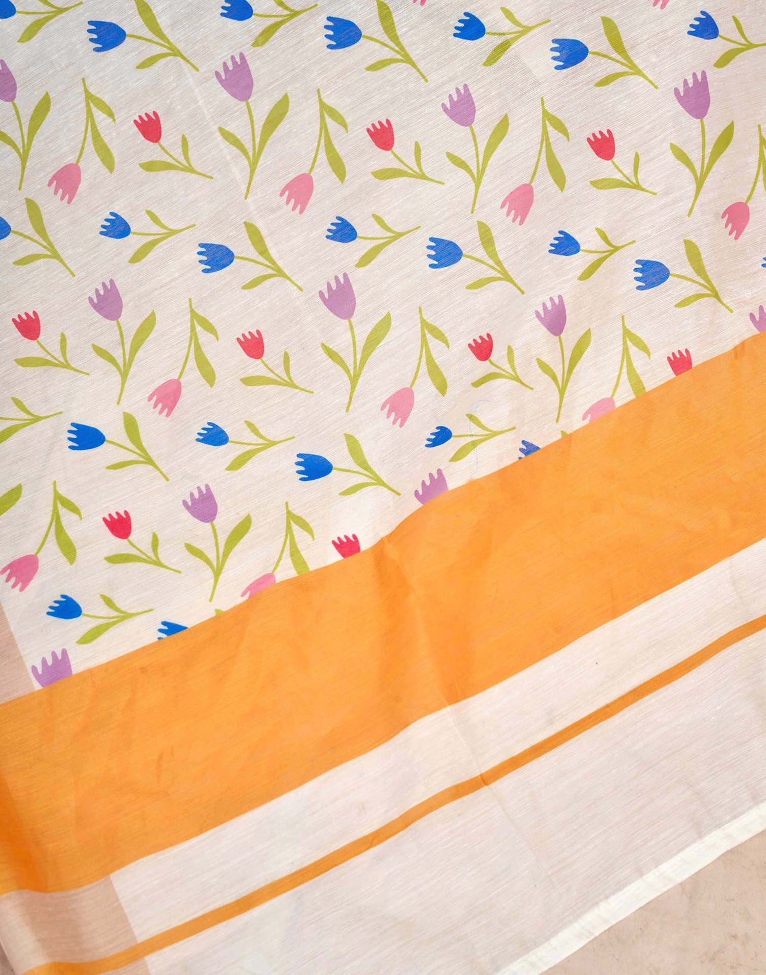 Ready To Wear Off White Linen Floral Printed Saree