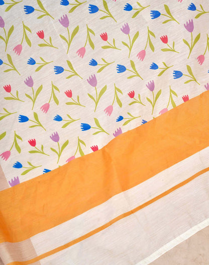 Ready To Wear Off White Linen Floral Printed Saree