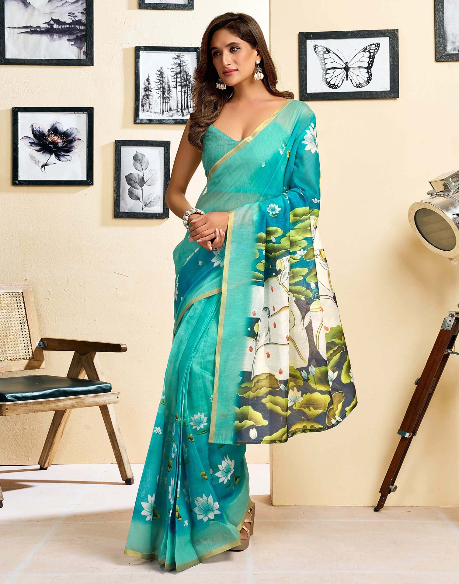 Ready To Wear Turquoise Blue Linen Floral Printed Saree